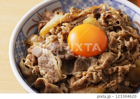 玉子の黄身を乗せた美味しそうな牛丼 123304620