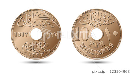Egyptian vector coin 10 milliemes 1917 on white isolated background. Egyptian vector coin 10 milliemes 1917 on white isolated background. 123304968