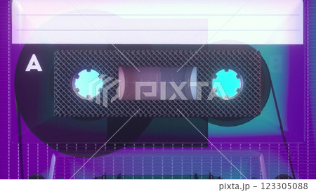 Vintage tape on an old audio cassette. Retro music concept. Neon lighting. 3d illustration Vintage tape on an old audio cassette. Retro music concept. Neon lighting. 3d illustration 123305088