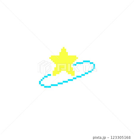 Yellow star with blue ring Y2K vector icon pixel art, star in circle squared contour, galaxy or space game 8 bit symbol 123305168