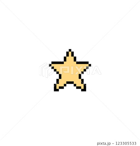 Yellow star black outline Y2K vector icon pixel art, rating star squared contour, game achievement award 8 bit symbol 123305533