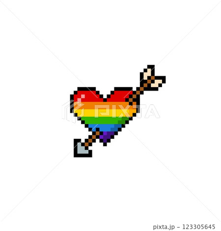 Rainbow heart pierced by an arrow pixel art Y2K icon, LGBT community 8 bit symbol of homosexual love, gay pride concept Rainbow heart pierced by an arrow pixel art Y2K icon, LGBT community 8 bit symbol of homosexual love, gay pride concept 123305645