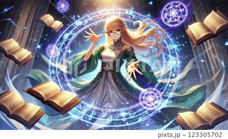 魔法陣と浮遊する書物を操る知的なエルフの魔導士 魔法陣と浮遊する書物を操る知的なエルフの魔導士 123305702