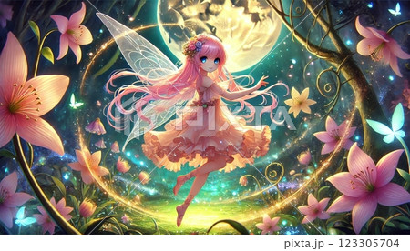 満月の下で舞う幻想的な妖精と魔法の森 123305704