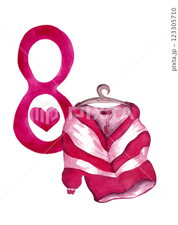 New striped jumper on a hanger, number 8. Bright pink watercolor. Postcard for your beloved girl on Women's Day 123305710