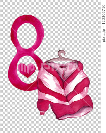 New striped jumper on a hanger, number 8. Bright pink watercolor. Postcard for your beloved girl on Women's Day 123305710