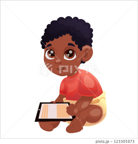 Vector illustration of dark skinned child of Beta generation with tablet, laptop Vector illustration of dark skinned child of Beta generation with tablet, laptop 123305873