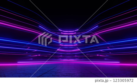 3d render, Futuristic neon lights in purple and blue creating dynamic and vibrant tunnel 123305972
