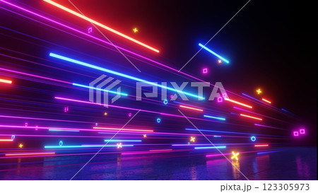 3d render, Neon light streaks in vibrant pink, blue, and yellow creating dynamic and futuristic atmosphere 123305973