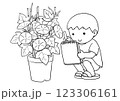 しゃがんでアサガオの観察をしている男の子 123306161