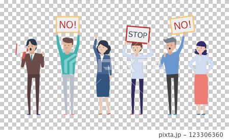 Demonstrators holding placards reading "NO" and "STOP" 123306360