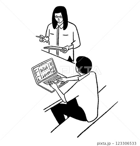 Man and woman discussing Business plan financial Hand drawn line art illustration 123306533