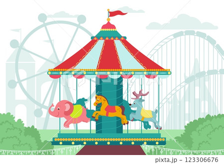 Beautiful children's carousel at city amusement park. Merry-go-round with horses or elephants. Kids entertainment. Rotating attraction. Fairground roundabout. Ferris wheel. Vector concept Beautiful children's carousel at city amusement park. Merry-go-round with horses or elephants. Kids entertainment. Rotating attraction. Fairground roundabout. Ferris wheel. Vector concept 123306676