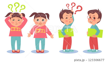 Boy and girl see poorly without glasses and well with eyeglasses. Eyes sight correction. Poor eyesight. Question marks. Vision check. Pick up spectacles. Oculist test. Vector concept 123306677