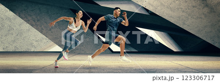 Morning routine. Composite collage of young athletic man and woman racing side by side with energy and focus in modern urban tunnel. 123306717