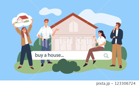 People are looking for real estate. House purchase. Sale and rental of housing. Realtors and brokers around search bar. Residential building. Apartment choosing. Garish vector concept People are looking for real estate. House purchase. Sale and rental of housing. Realtors and brokers around search bar. Residential building. Apartment choosing. Garish vector concept 123306724
