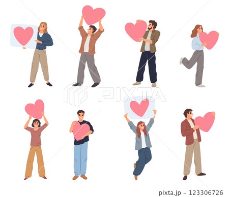 People with love hearts. Happy man holding romance symbols. Woman showing placard. Passion feeling demonstration. Emotion expression. Romantic relationship. Joyful persons vector set People with love hearts. Happy man holding romance symbols. Woman showing placard. Passion feeling demonstration. Emotion expression. Romantic relationship. Joyful persons vector set 123306726