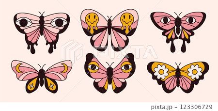 Psychedelic butterflies. Groovy hippie insects. Patterned bug wings. Boho style. Vintage objects. Color eyes, daisy flowers and emoticons. Flying mole. Summer moth. Garish vector set 123306729