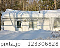 Large icicles and ice dams form at the edge of the snow-covered roof above frozen eavestrough gutter 123306828