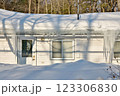 Large icicles and ice dams form at the edge of the snow-covered roof above frozen eavestrough gutter 123306830