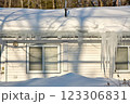 Large icicles and ice dams form at the edge of the snow-covered roof above frozen eavestrough gutter 123306831