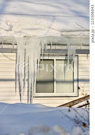 Large icicles and ice dams form at the edge of the snow-covered roof above frozen eavestrough gutter 123306843