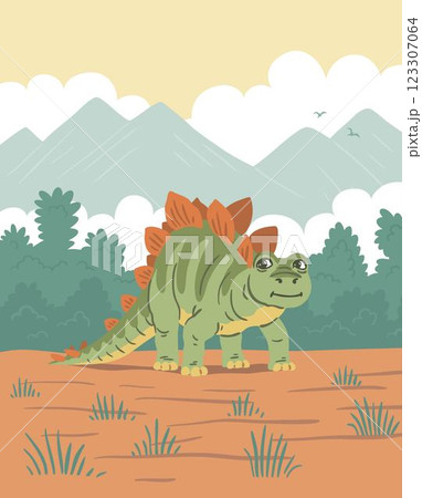 Cute herbivorous stegosaurus against the backdrop of a prehistoric landscape 123307064