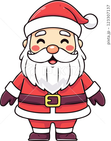 A cheerful, cartoon-style Santa Claus with a big smile, wearing a classic red suit, white beard, and brown boots, exuding a festive spirit. 123307137