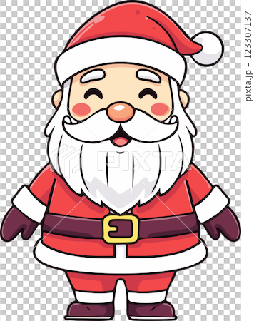 A cheerful, cartoon-style Santa Claus with a big smile, wearing a classic red suit, white beard, and brown boots, exuding a festive spirit. 123307137