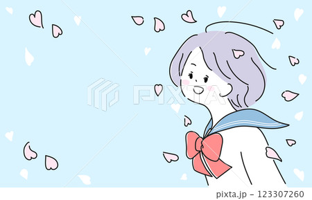 桜吹雪の中のセーラー服の女性イラストフレーム(空色) 桜吹雪の中のセーラー服の女性イラストフレーム(空色) 123307260