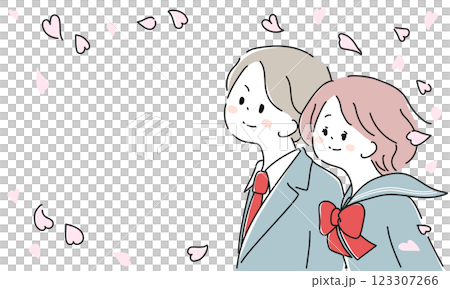 櫻花雪中身穿校服的男孩和女孩的插圖框架 123307266