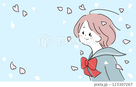 桜吹雪の中で涙ぐむセーラー服の女性イラストフレーム(空色) 123307267