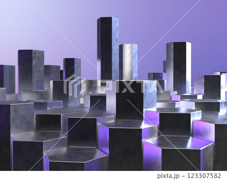 六角柱で構成された幾何学的な空間の3Dイラストレーション 123307582