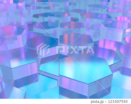 クリスタルの六角柱で構成された幾何学的な空間の3Dイラストレーション 123307593
