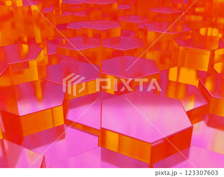 クリスタルの六角柱で構成された幾何学的な空間の3Dイラストレーション 123307603