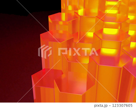クリスタルの六角柱で構成された幾何学的な空間の3Dイラストレーション 123307605