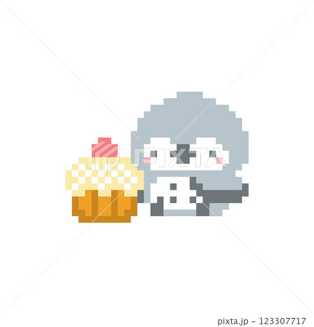 苺のカップケーキと灰色フクロウのドット絵 123307717