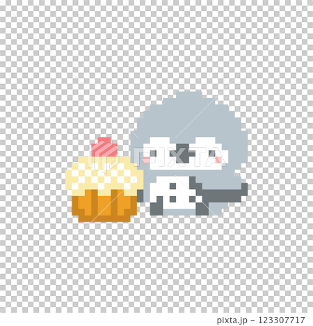 苺のカップケーキと灰色フクロウのドット絵 123307717