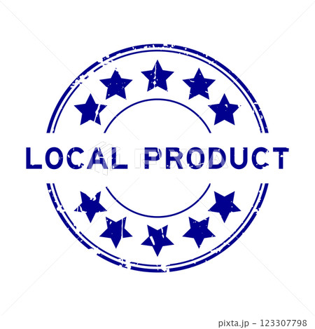 Grunge blue local product word with star icon round rubber seal stamp on white background 123307798