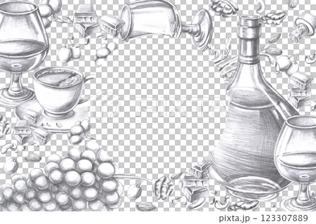 Rectangular frame with bottle of cognac, glass, cup of coffee and nuts. Isolated pencil illustration on the theme of alcohol in a realistic style for bar menu design, restaurant interior. 123307889
