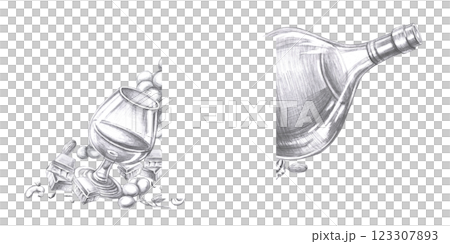 Rectangular frame with a bottle of cognac and a glass. Isolated pencil illustration on the theme of alcohol for the design of a bar menu, restaurant interior 123307893