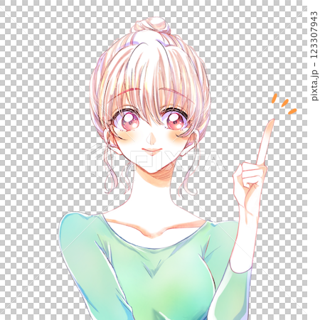 一位綁著髮髻的女士用食指指著 123307943