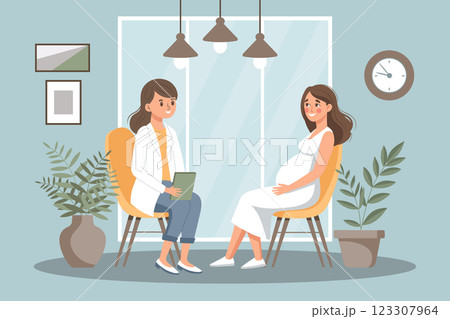 Prenatal doctor consultation. Pregnant woman with doctor. Monitoring pregnancy and healthy. Flat style illustration. Prenatal doctor consultation. Pregnant woman with doctor. Monitoring pregnancy and healthy. Flat style illustration. 123307964