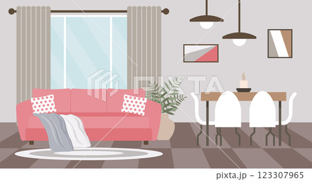 Living room interior with pink sofa, table and chairs, home plants, window and picture frames. Modern design, illustration. 123307965