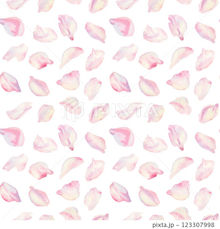 Petals of a blooming spring tree in flight. Seamless pattern of cherry, apple, almond petals on a white background. Watercolor template for Hanami, spring, textile, print, wallpaper, wrapping Petals of a blooming spring tree in flight. Seamless pattern of cherry, apple, almond petals on a white background. Watercolor template for Hanami, spring, textile, print, wallpaper, wrapping 123307998