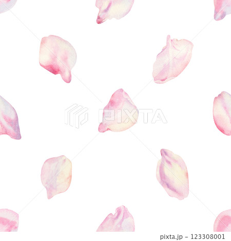 Petals of a blooming spring tree in flight. Seamless pattern of cherry, apple, almond petals on a white background. Watercolor template for Hanami, spring, textile, print, wallpaper, wrapping 123308001