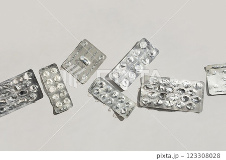 Opened Medication Blister Packs Arranged in a Row. 123308028