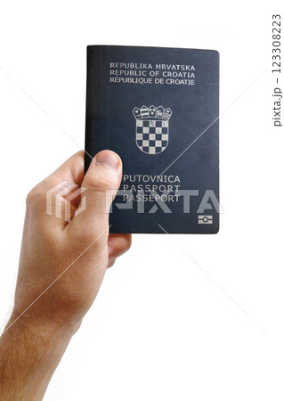 Man holding a Croatian passport against a white background Man holding a Croatian passport against a white background 123308223