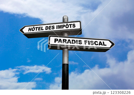 Tax office or tax haven - Direction signs Tax office or tax haven - Direction signs 123308226