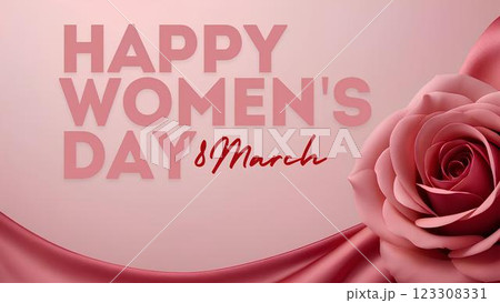 Beautiful greeting card, banner, background for March 8 with text Happy Women's Day with pink rose, satin ribbon on pink background. Beautiful greeting card, banner, background for March 8 with text Happy Women's Day with pink rose, satin ribbon on pink background. 123308331